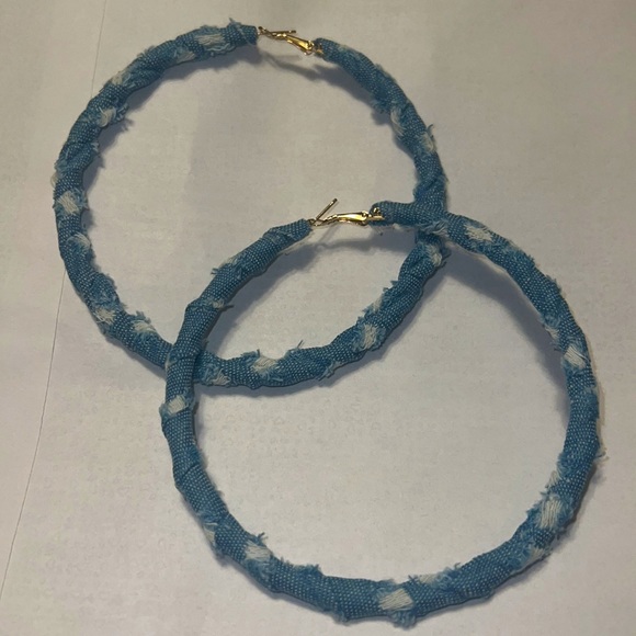 Handmade large denim hoop earrings on gold hoop these are large are 3 in width - Picture 3 of 3